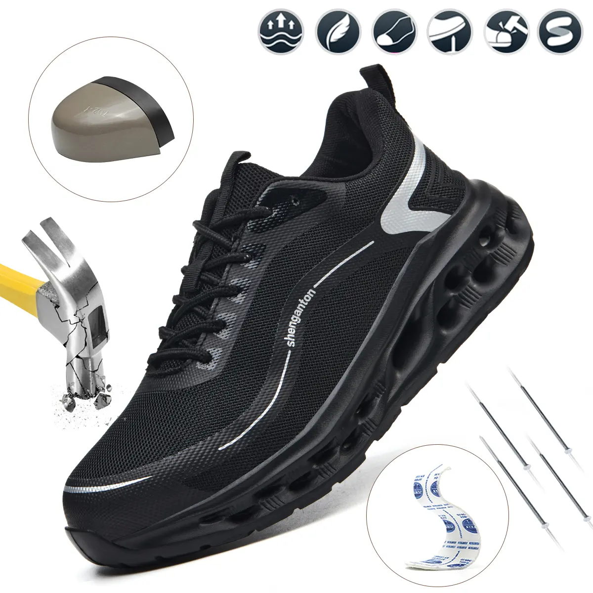 AOPLUS Men's Steel Toe Work Sneakers. Lightweight Breathable Safety Shoes with Puncture Resistant Midsole. Comfortable Slip Resistant Indestructible Footwear for Construction and Warehouse. Athletic Cushioning Work Boots.