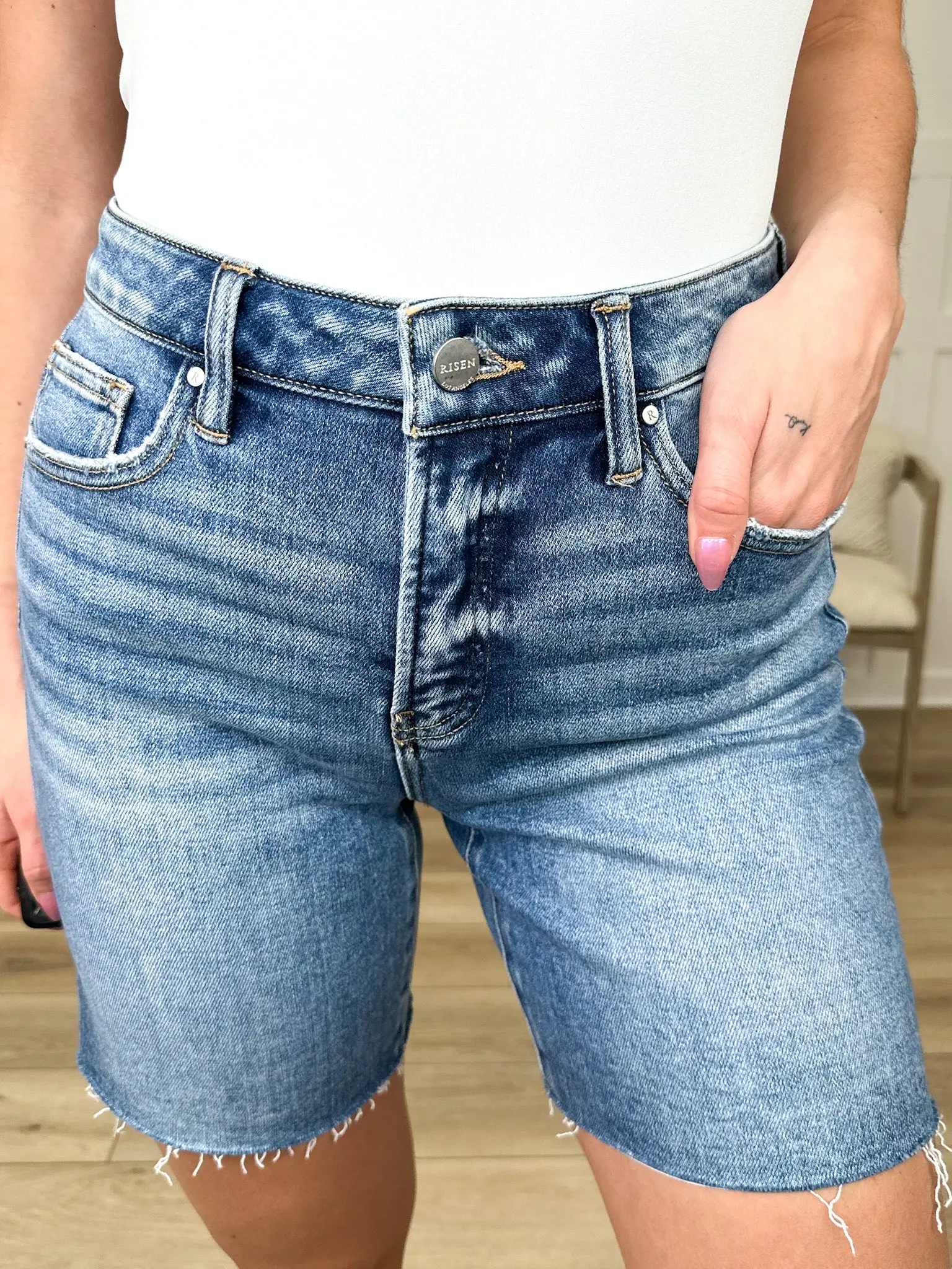 Women's High Rise Tummy Control Jean Shorts - Casual Fit Raw Hem Denim in Medium Wash, Everyday Plus Size Basics, Polyester, Spandex, 1Xl, Mid-Length, Clean Medium Wash, Cotton, Bottom, Stretchy, Clothes