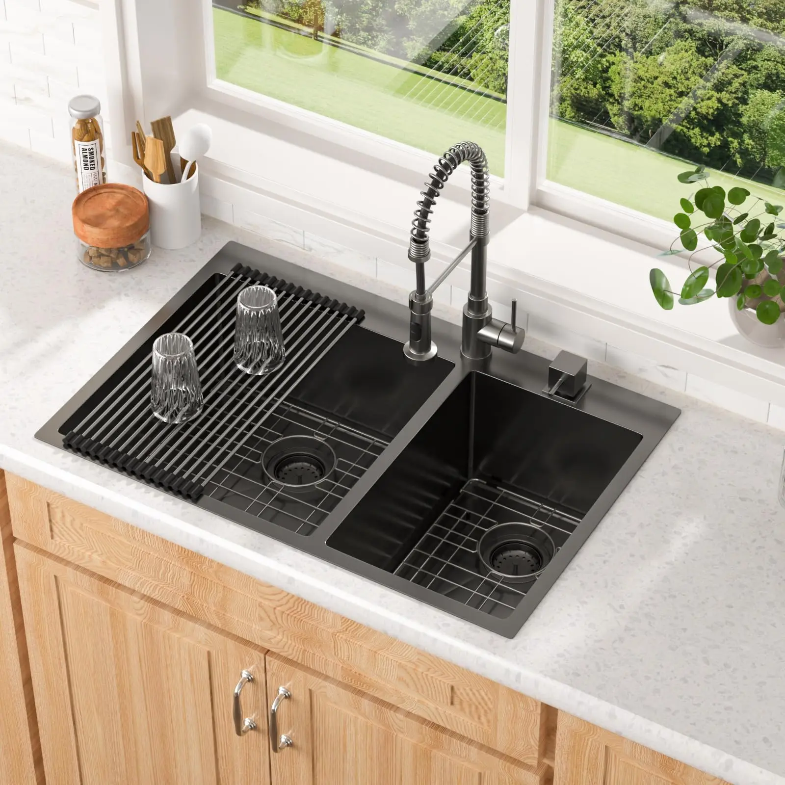 Lordear 33 Black Kitchen Sink Drop In Double Bowl - 33x22 inch Topmount Sink Gunmetal Black Double Bowl 60/40 Stainless Steel 16 Gauge Handmade Sink Basin