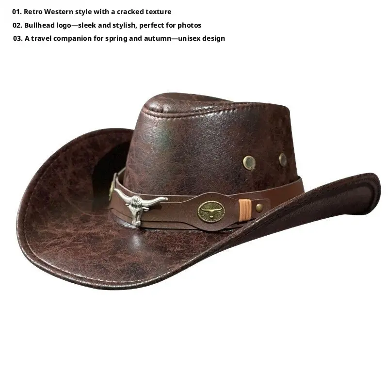 Western Cow Skull Motif Vintage Outdoor Travel Hat - Concave/Flat-Top, Unisex Fit, Retro Equestrian Jazz Hat, Western Style Sunshade Sun Protection, Adjustable Stylish Handcrafted Cap, Adjustable Stylish Hat, Concave Top