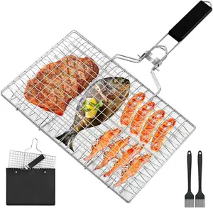 Fish Grill Basket – Folding Portable Stainless Steel BBQ Grilling Rack for Fish, Veggies, Shrimp & Meat, Includes Storage Bag & 2 Basting Brushes