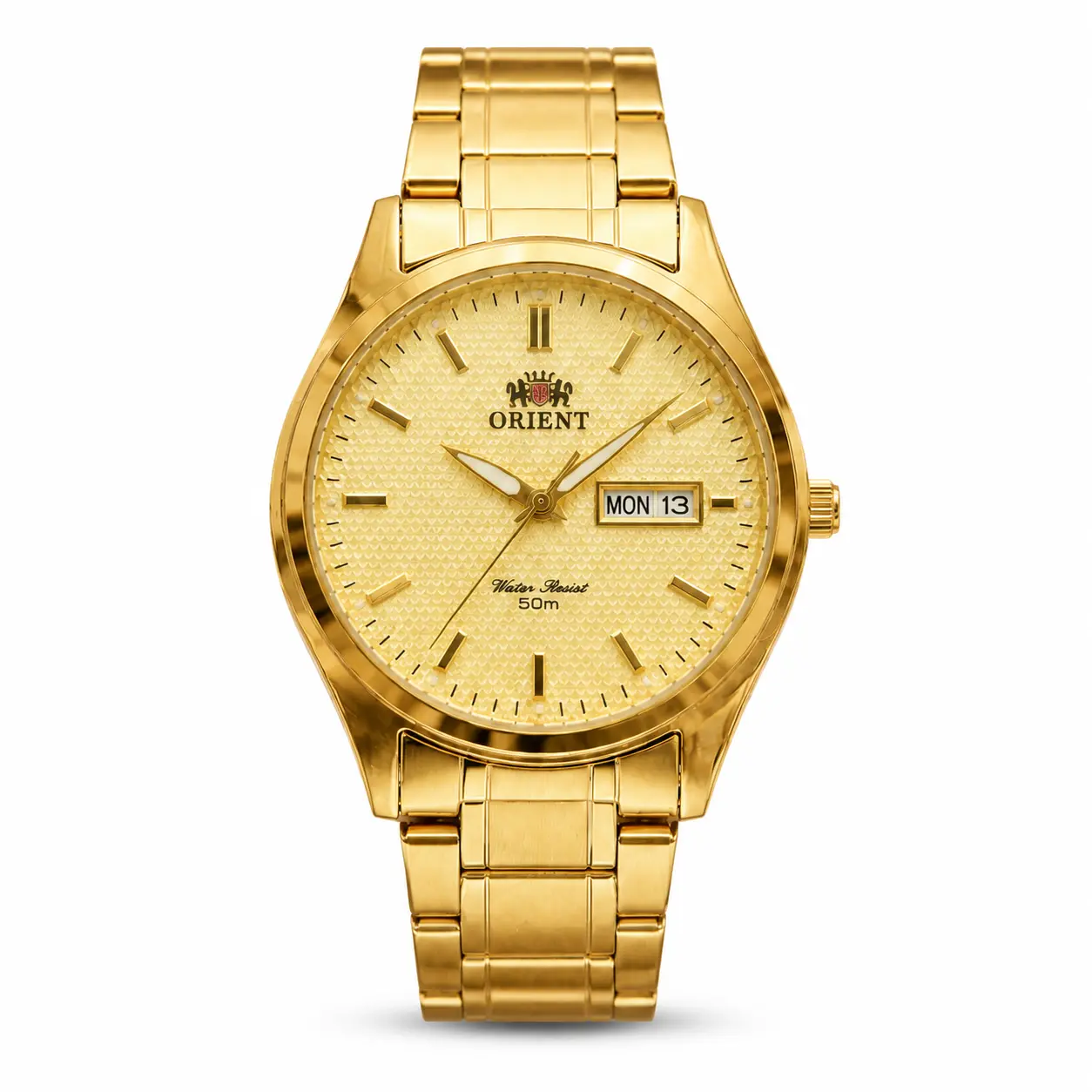 Orient Men's Quartz Analog Wristwatch - Full Gold Stainless Steel Bracelet with Clasp, Round Face Textured Dial, Day & Date Calendar Display, 50M Water Resistant, Classic Business Dress Male Watch, Analog Wristwatches, Formal, Sapphire Crystal Glass
