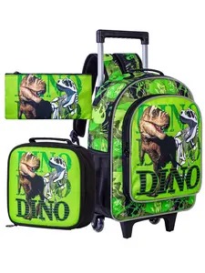 3Pcs Cool DINO Dinosaur Rolling Backpack Set Adjustable Backpack for Boys - T-Rex & Skeleton Print Wheeled School Bag with Lunch Bag & Pencil Pouch - Perfect for Dinosaur-Loving Kids & School Days