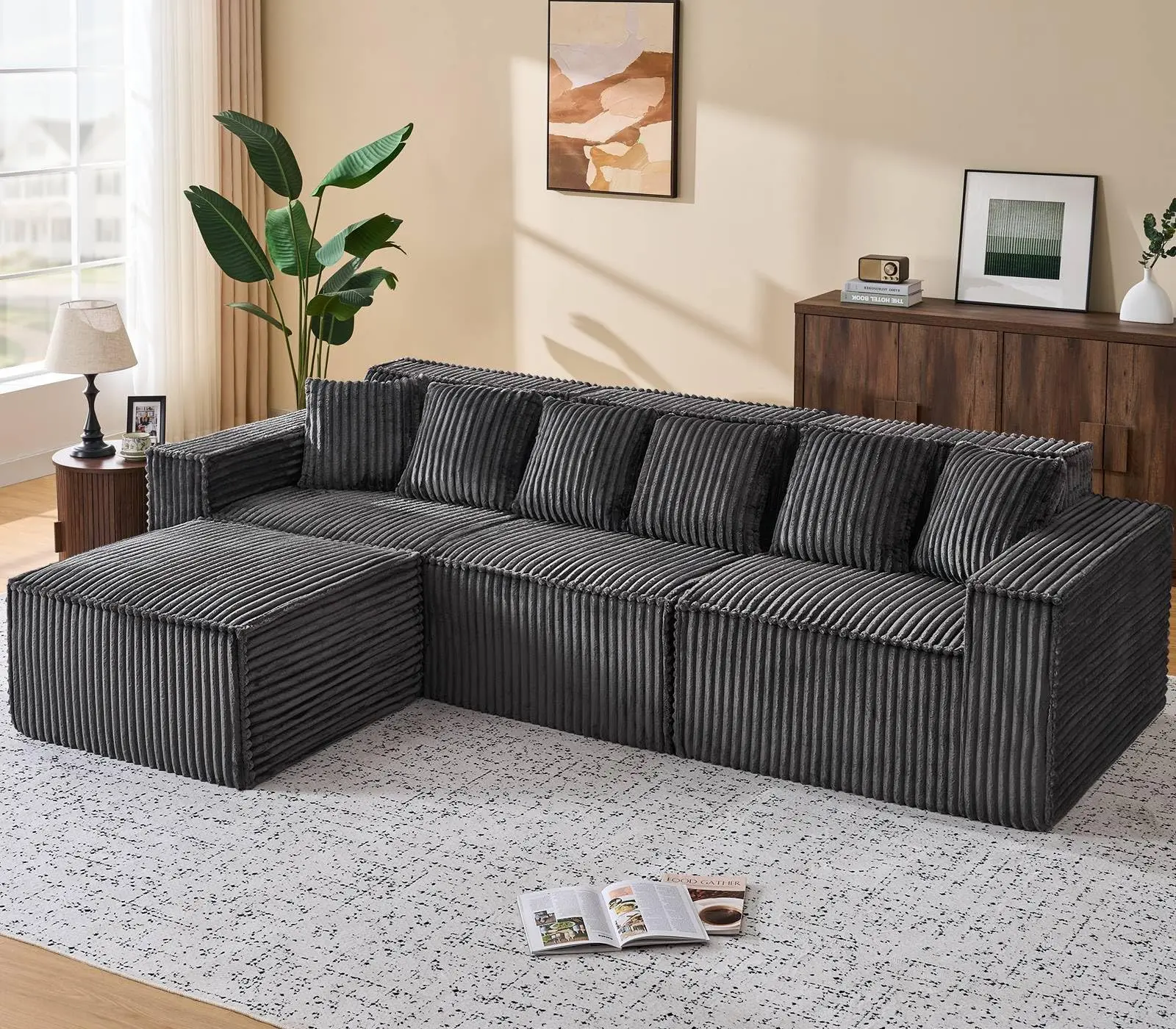 【SummerFinds】ONBRILL 112.6" L-Shaped Boneless Corduroy Sectional Sofa with Chaise, Breathable Ergonomic Soft Memory Foam, Modern Minimalist Cloud Modular Couch, No-Assembly Indoor Living Room Furniture, Breathable Sofa, Ergonomic Sofa