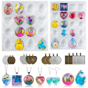 36 Cavities UV Resin Jewelry Making Kit Gem Jewelry Silicone Casting Mold Cabochon Gems Resin Molds with Metal Pendants