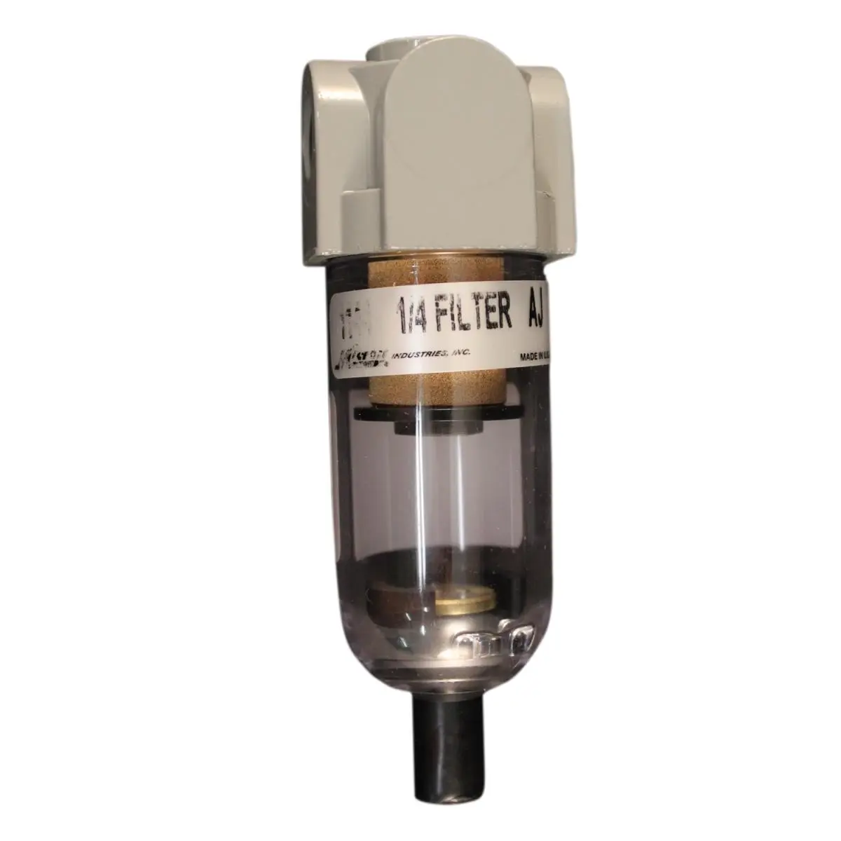 Milton Polycarbonate Compact Microfiltering Mini Water Filter, 0.25 in. NPT Thread, Max 150 psi, 20 Micron, 1.5" H x 1.5" W x 4.625" L, Auto Drain Included, for Construction, Automotive Use, 20 Micron Filter