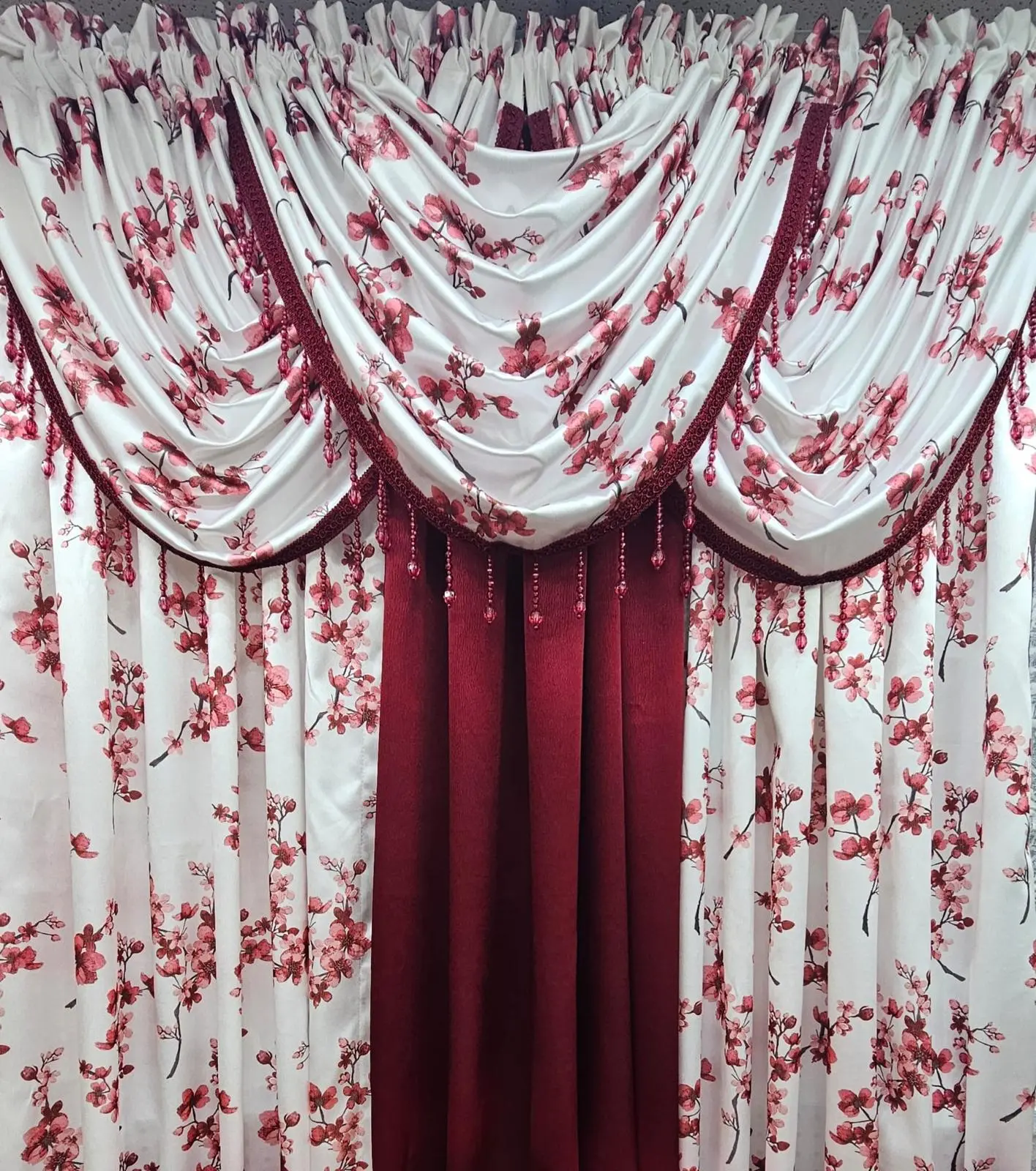 Regency Blossom Burgundy 6 Piece Curtain Set | Luxury Floral Window Treatment with Waterfall Valances & Center Panel