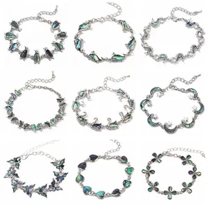 Abalone Shell Charm Bracelet Set, 9 Pcs Silver Tone Natural Abalone Butterfly Moon Heart Animal Bracelets, Boho Beach Jewelry for Women