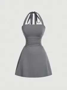 Women's Plain Ruched Tie Back Halter Neck Dress, Casual Chic Sleeveless A Line Short Dress for Summer, Ladies Clothes for Daily Wear, Casual Elegant Dresses, Womenswear Garment