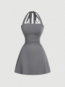 women's plain ruched tie back halter dress, casual chic sleeveless a line short dress for summer, ladies clothes for daily wear, womenswear