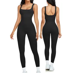 Women's Seamless Ribbed 1-Piece Full Body Jumpsuit - Sleeveless Square Neck, Stretchable Stylish Activewear Jumpsuits for Women, Sports Outfits for Yoga, Gym,summervibes