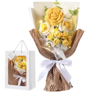 Crochet Flowers Bouquet Gift Completed Handmade Artificial Knitted Flowers Rose Bouquet Gift for Mother's Day Graduation Birthday Wedding Teacher'day Home Decor Decorative Fruit  Springtok