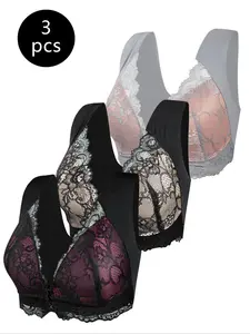 Elegant Women's Casual Front Button Bra Set, Comfortable Wire-Free Fit Lace Bras, Wide Strap Colorblock Design, All-Season Wear