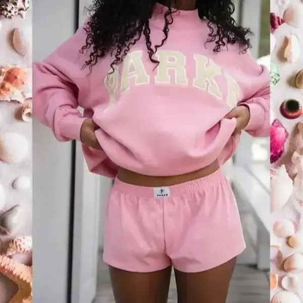 Cozy PARKE Graphic Fleece Pullover Sweatshirt and Shorts Set Y2K Retro Aesthetic Casual Fall Fashion Long Sleeve Matching Tracksuit