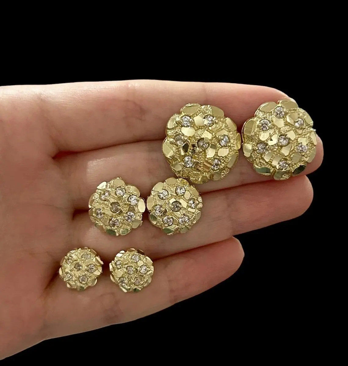 MaxBling81 14K Solid Brass Simulated Diamond High-End Golden Nugget Statement Earrings, 10mm/12mm/14mm/16mm/20mm Iced Stud Jewelry with Unisex Appeal for Men and Women