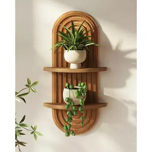 Boho Wall Decor Brown Plant Wall Shelf, Mid Century Modern Decor Hanging Plant Shelf, 2-Tier Wooden Floating Shelves Shelving Unit for Home,  Living Room, Office Holding Planter Decoration christmas decorations , Christmas gifts Bamboo Decorative