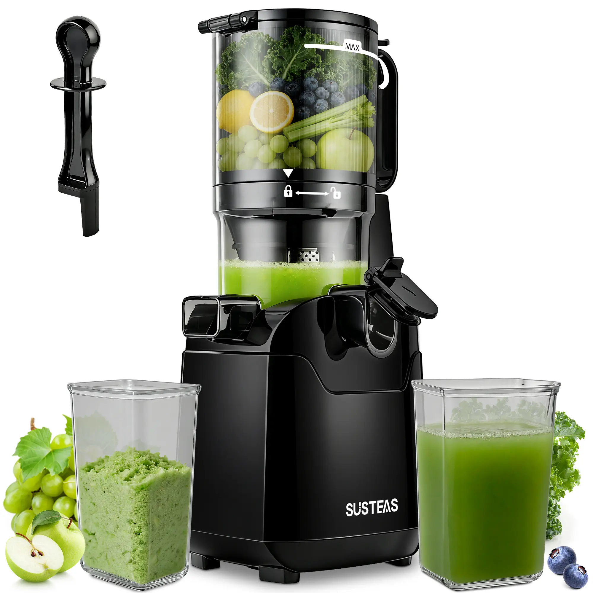 SUSTEAS 5.8" Extra Large Countertop Cold Pressed Juicer Machine - Fruit & Vegetable Juice Extractor, No Cutting Needed, Whole Fruit & Green Feeding, Enhanced Nutrient Retention, High Yield, Low Waste,home essentials