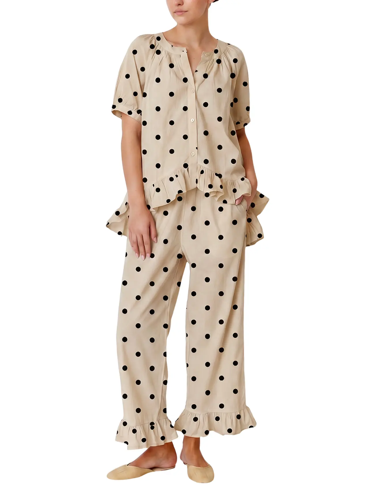 Arssm Women Polka Dot Set 2 Piece Pajamas Set Cotton Ruffle Babydoll Shirt and Pants Lounge Sets