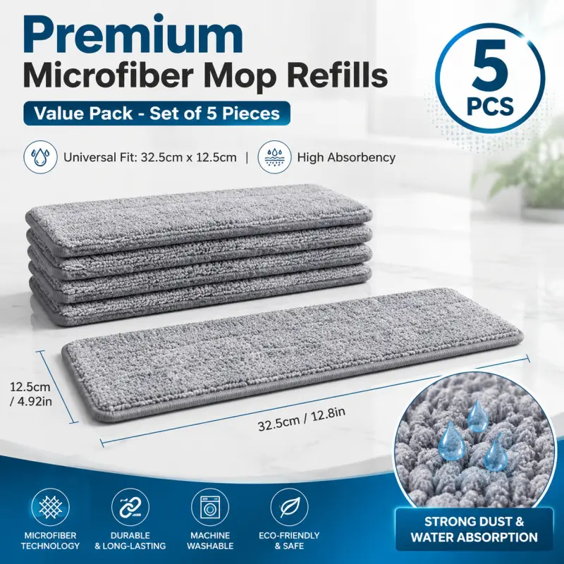 5-Pack High-Density Microfiber Flat Mop Refill Pads, Reusable & Washable Replacement Heads, Mop Heads Refills, Mop Head Replacements, Compatible with Most Flat Mops for Deep Home Floor Cleaning