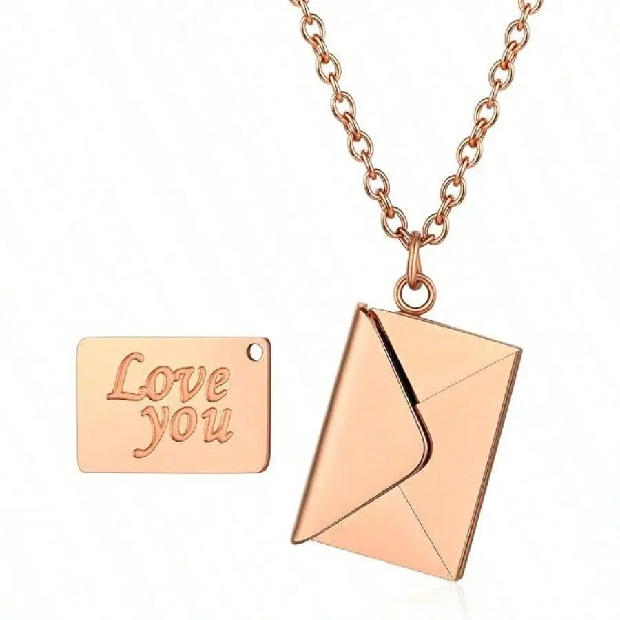 Gold-Plated Stainless Steel Envelope Locket Necklace for Women with Secret Love Letter, Dainty Jewelry Gift for Anniversary, Birthday, Wedding, Elegant, Engagement, Female, Long, Metal Coating, Pendant, Mother’s Day, Adjustable, Envelope Pendant