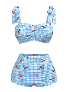 RETRO STAGE Women's 1950s Blue Cherry Plaid Lace-Up 2-Piece Tankini Swimsuit Set - Plaid Print Bikini, High-Rise Swim Bottoms, Bathing Suit