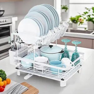 2-Tier Metal Dish Drying Rack for Kitchen Counter – Includes Drainer, Knife Holder & Utensil Cup