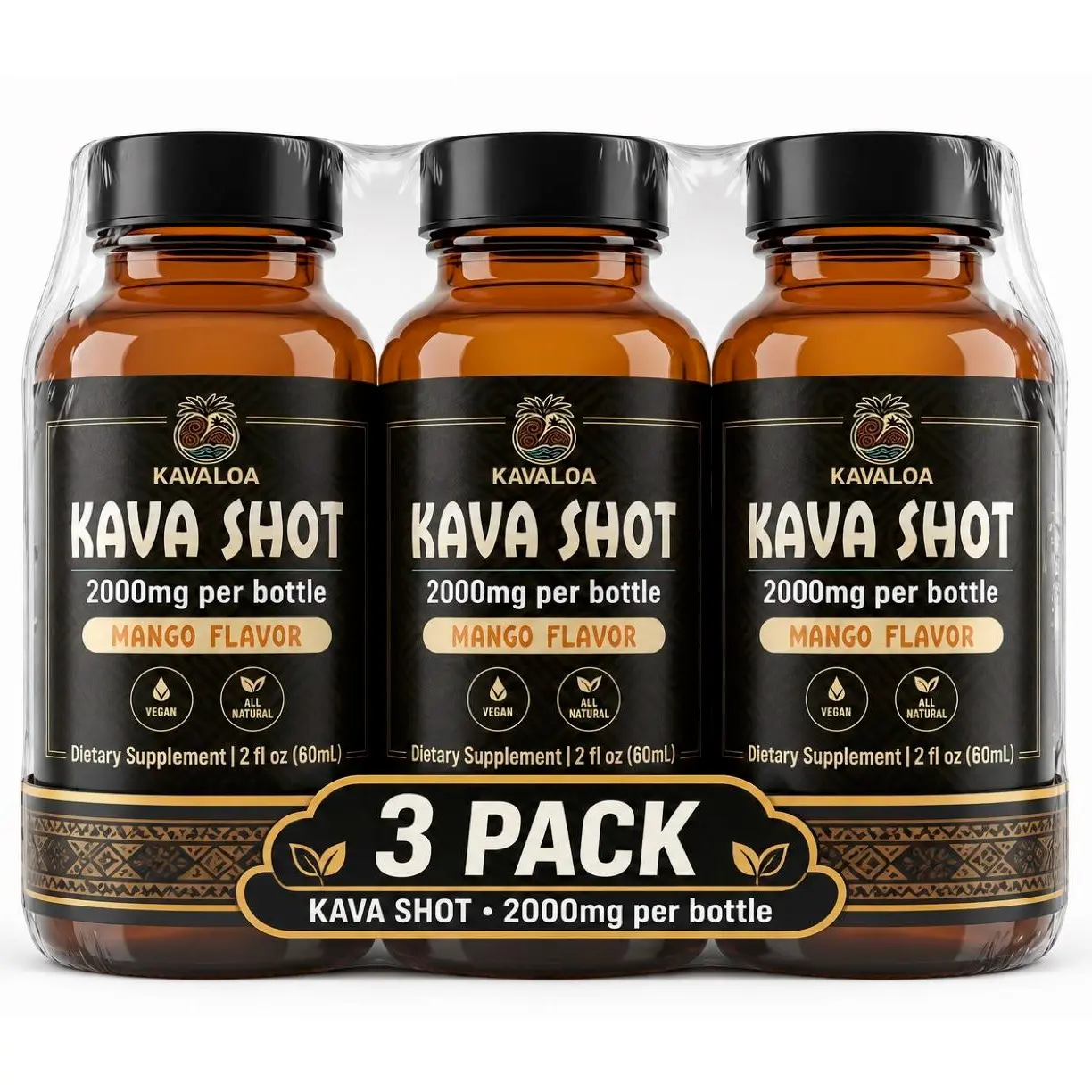 Kava Shot 2000mg per bottle Mango Flavor 3 pack Dietary Supplement 2fl oz 60mL