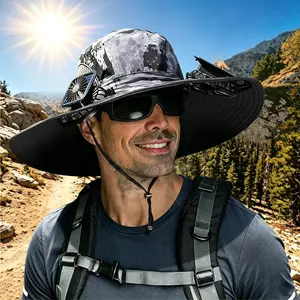 2026 New Wide Brim Solar Power Fan Cap for Men, Adjustable Solar Bucket Hat with 2 Fans, 3-Speed Adjustment, Waterproof for Fishing, Hiking, Fathers Day Mens Gifts