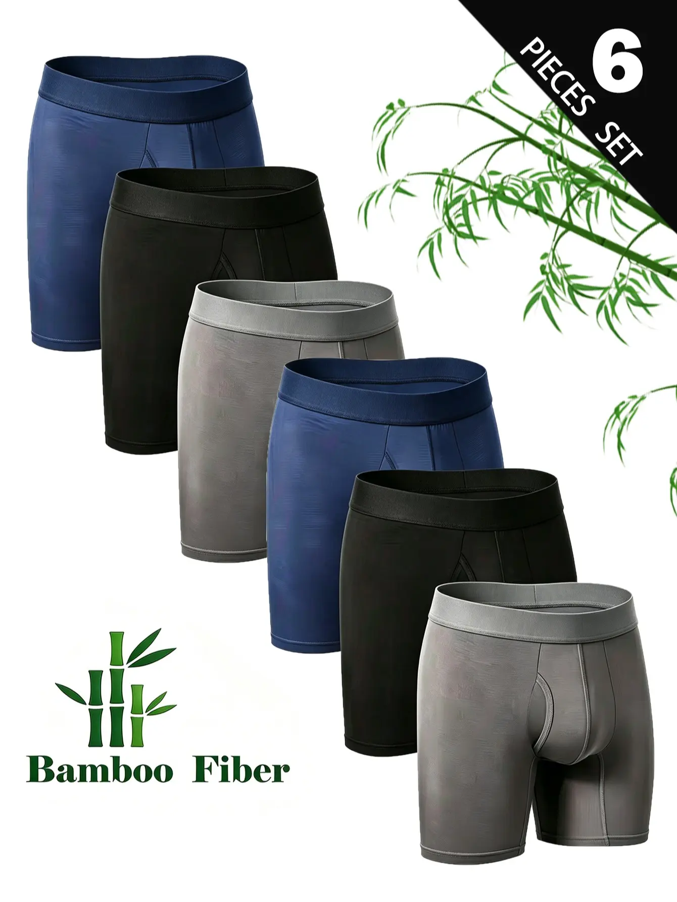 Men's 6-Pack Plain Bamboo Fiber Boxer Briefs - Elastic, Soft, Breathable Activewear Sportswear Underwear with No-Ride-Up Fit for All-Season Casual Comfort