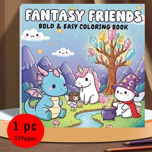 Fantasy Friends Bold & Easy Fun Coloring Book for Kids & Adults - 22 Cute Kawaii Magical Creature Magic Creatures Coloring Pages, 120gsm Thick No Bleed Paper, Non-Toxic Odorless, Glue Binding, Perfect for Stress Relief