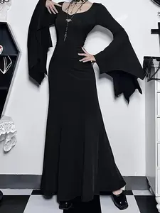 Womenswear Black Witch Dress for Women Gothic Flare Sleeve Party Maxi Dress