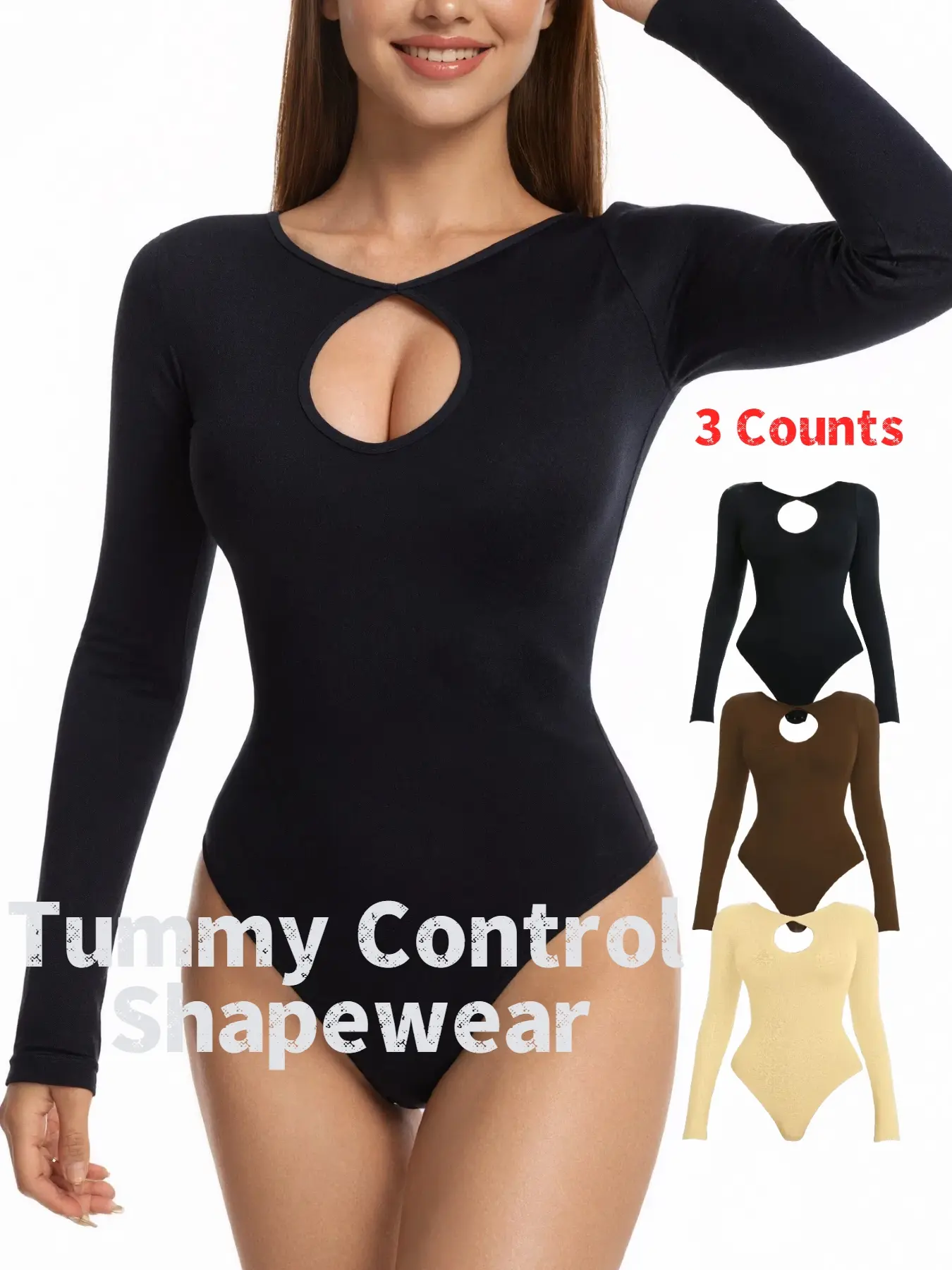 Women's Plain Long Sleeve Knit Shapewear Bodysuit Compression, Thong Style Three-Button Design, Slimming Tummy Control & Butt Lifting, Ladies Intimate Apparel, Women's seamless shapewear