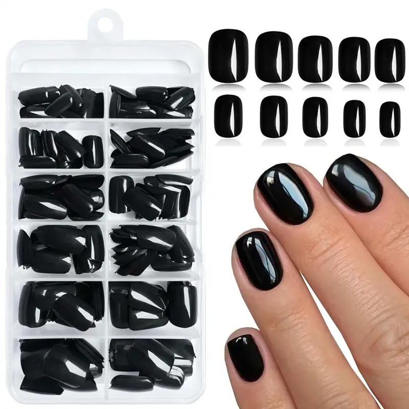 120Pcs Extra Short Press on Nails, Gothic Pure Black Fall Gel Glue on Nails, Glossy Round UV Finish False Nails, Fake Nail, Manicure Kits for Women, Full Cover Nail Art Supply for Holiday & Casual Attire