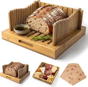 10.5" Adjustable Bamboo Bread Slicer for Homemade Bread, 2-in-1 Bread Cutter Board with Slicing Guide & Serving Board, Kitchen Gadget for Sourdough, Artisan Loaves, Bagels & Cakes, Includes 20 Basket Liners