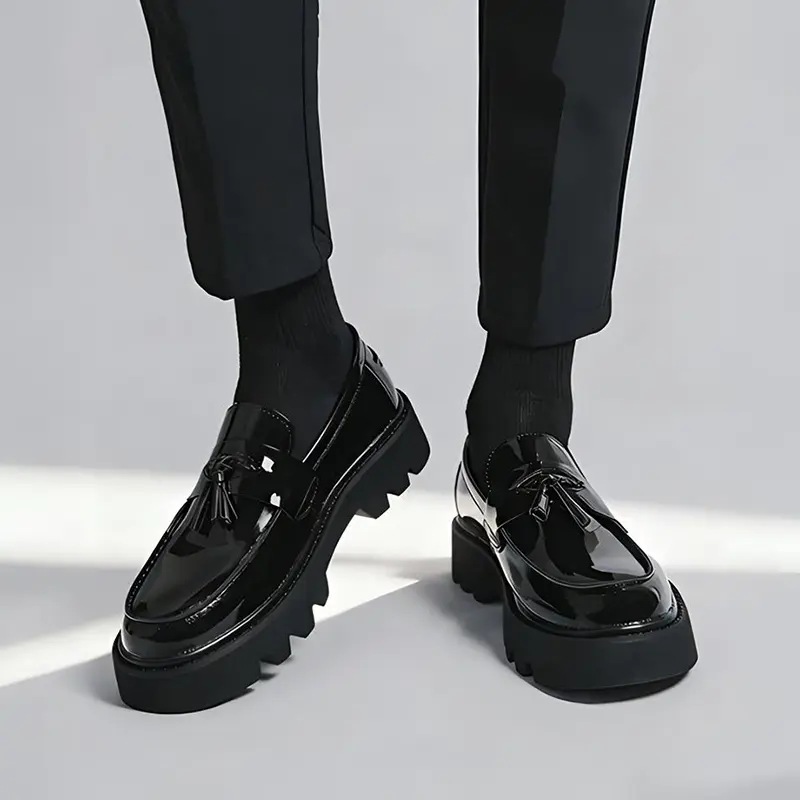 Men Gloss Patent Leather Tassel Loafers Chunky Lug Platform Sole Height Increasing Slip On Dress Shoes British Vintage Casual Footwear For Suit Jeans Daily Dating
