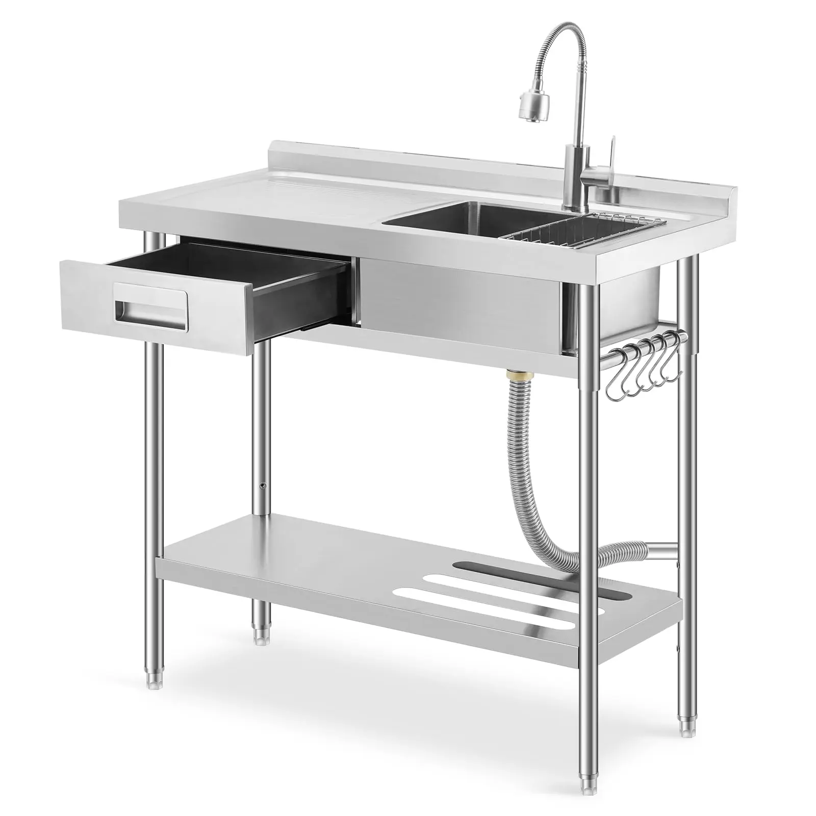 Garvee Stainless Steel Utility Sink - Commercial Single Bowl Prep Sink with Workbench & Drawer, Freestanding Kitchen Sink with Pull-Out Faucet & Storage Shelf, for Garage, Laundry - 39.5 X 19.5 x 38.5 Inch