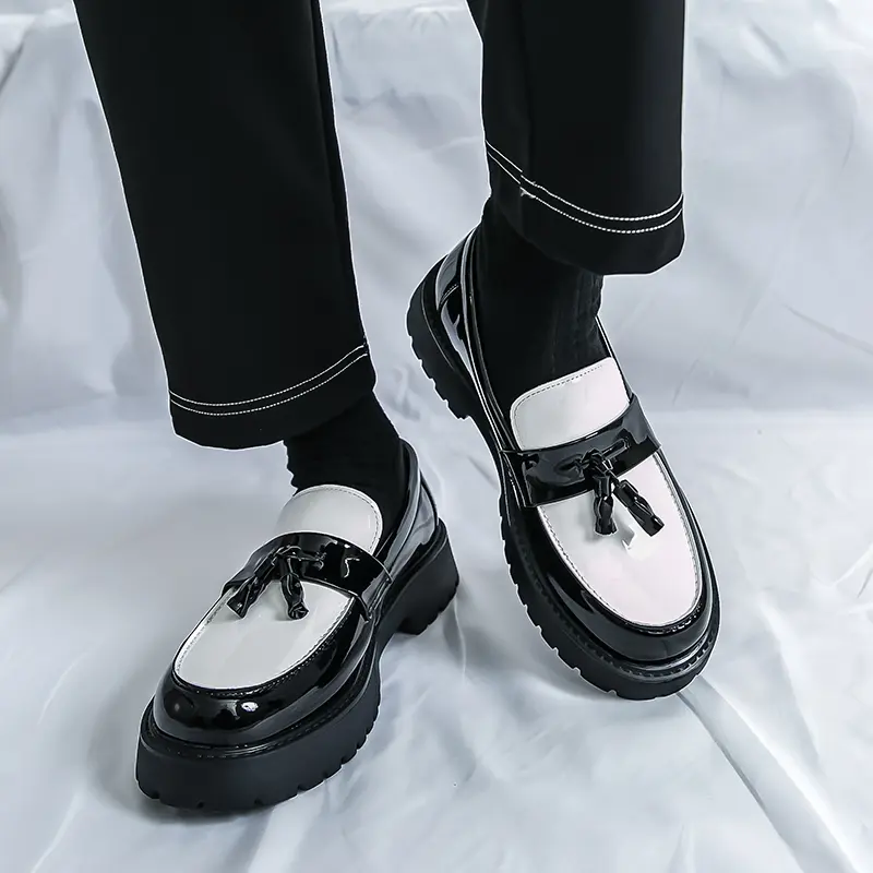 ONXITOM Men's Leather Platform Loafers - All Black/Black-White Slip-Ons with Tassel Decor for Business Prom & Casual Wear, Men's Shoes, Black-And-White Loafers