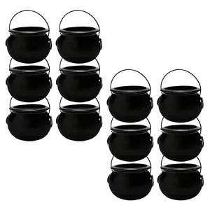 PMU 12 Pack, 6inch Halloween Cauldron - Cauldron Plastic Pot & Bucket - Halloween Party Favors & Supplies - Perfect Kitchen & Home Décor - Candy Holder, 6 Inch Black