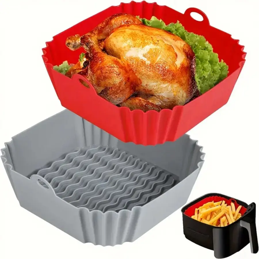 [Silicone Air Fryer Liner] 2pcs Reusable Silicone Air Fryer Liner | 8 Inches Square/Rotundity - Air Fryer Accessories For 4 To 7 QT Ovens And Microwave (Red+grey) Heating