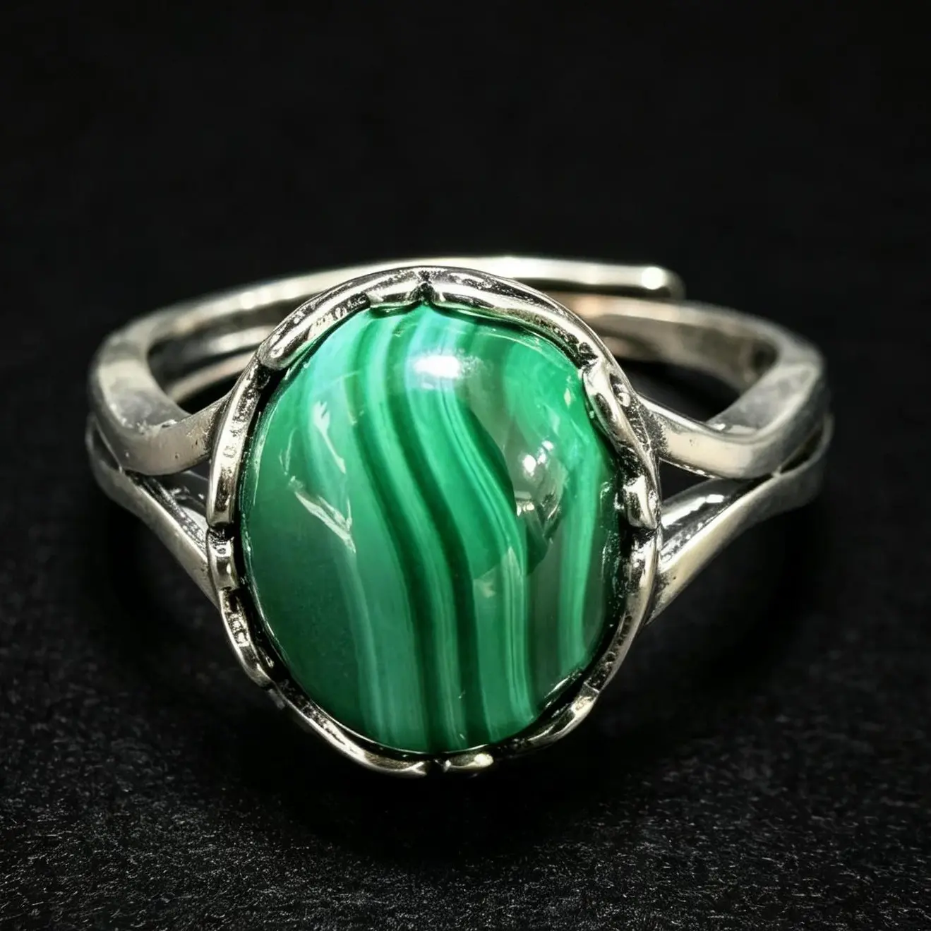 925 Silver Natural Malachite Ring - Oval Cabochon, Filigree Edge, Adjustable, for Everyday Wear