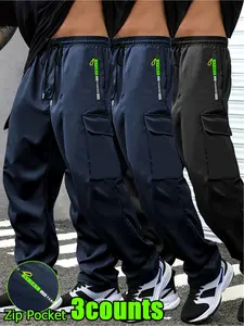 Men's 3-Piece Casual Work Pants Trouser Set Activewear, Drawstring Waist, Zipper Pockets, Breathable Comfort, Outdoor Daily Wear, All Seasons