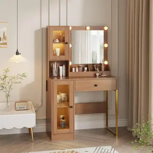 Makeup Vanity Desk with Mirror & Adjustable LED Lights, Modern Vanity Table with Open Shelves & Acrylic-Door Cabinets, Built-in Outlets, Dressing Table for Bedroom, Wood Color