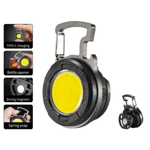 Mini COB multifunctional portable mini keychain light, foldable pocket light with magnet holder, rechargeable bottle opener, pocket work light for cycling, fishing and running, USB Rechargeable Flashlight