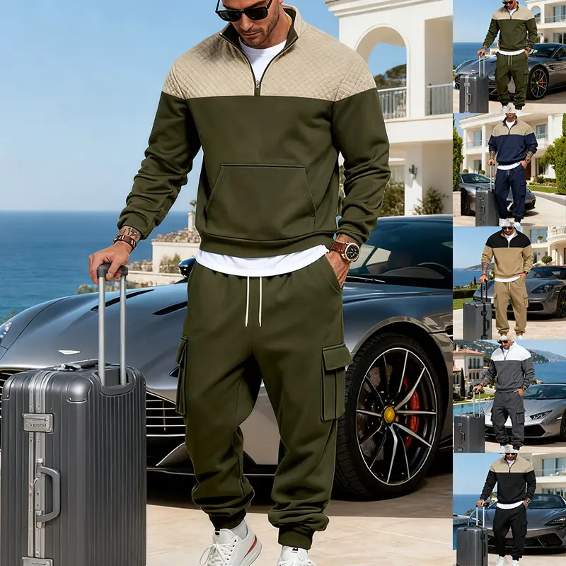 KZZ Men's 2-Piece Casual Winter Tracksuit, Colorblock Long Sleeve Stand Collar Hoodie and Jogger Pants, Loose-Fitting Activewear