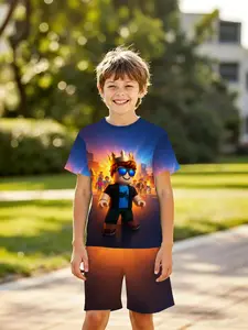 Boys' 3D Short Sleeve Set Roblox Crown Cool Game Print Summer, Clothing Sets, Casual Loose Fit Shorts, Perfect for Outdoor, Holiday Gifts, Birthday Presents