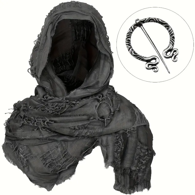 2pcs Distressed Post-Apocalyptic Scarf Shawl & Brooch Set - Medieval Renaissance Viking-Style Faded Cloak, Halloween Cosplay Costume Accessory (Toys & Hobbies Classic Novelty Stress Relief Toy Accessory)