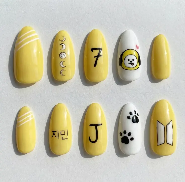 Kpop Jimin Inspired Press On Nails – Handmade Chimmy, 7 Tattoo & Paw Print Yellow Gel Nails, K-Pop Reusable Fake Nails with Gift Set (Adhesive Tabs, Nail File, Cuticle Stick)