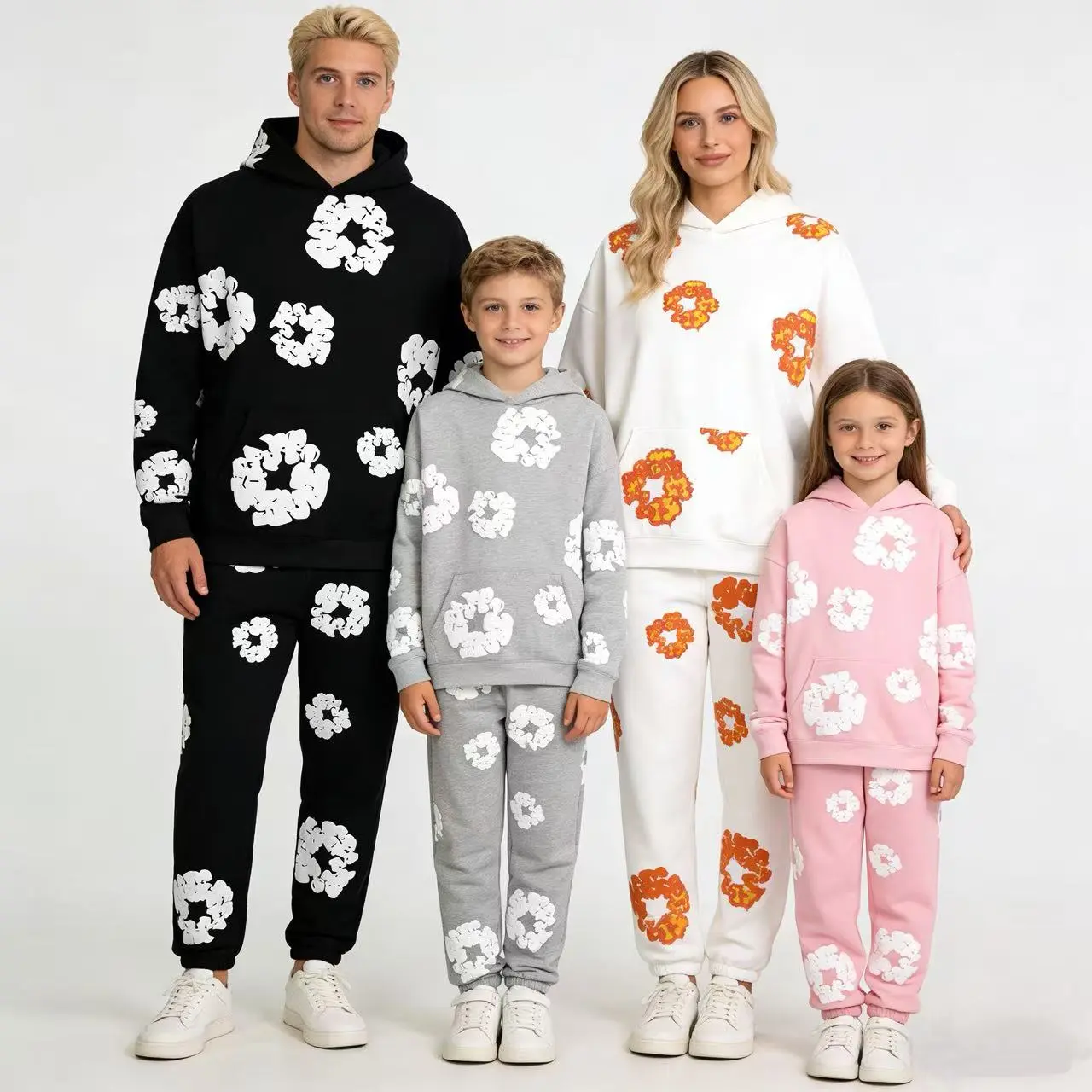 Kids' Floral Hoodie & Jogging Suit - Long Sleeve Printed 2-Piece Casual Set, Soft Stretchable Fabric, Adult-Child Compatible for Daily Wear, Clothes