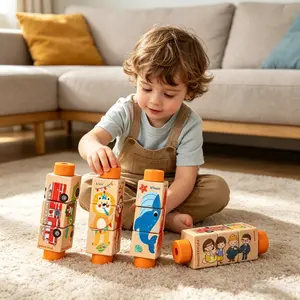 1pc Wood Animal Puzzle Toy for 1-3 Year Olds, Rotating Blocks Set, Montessori Learning Gift, Giraffe and Bear, Boys and Girls