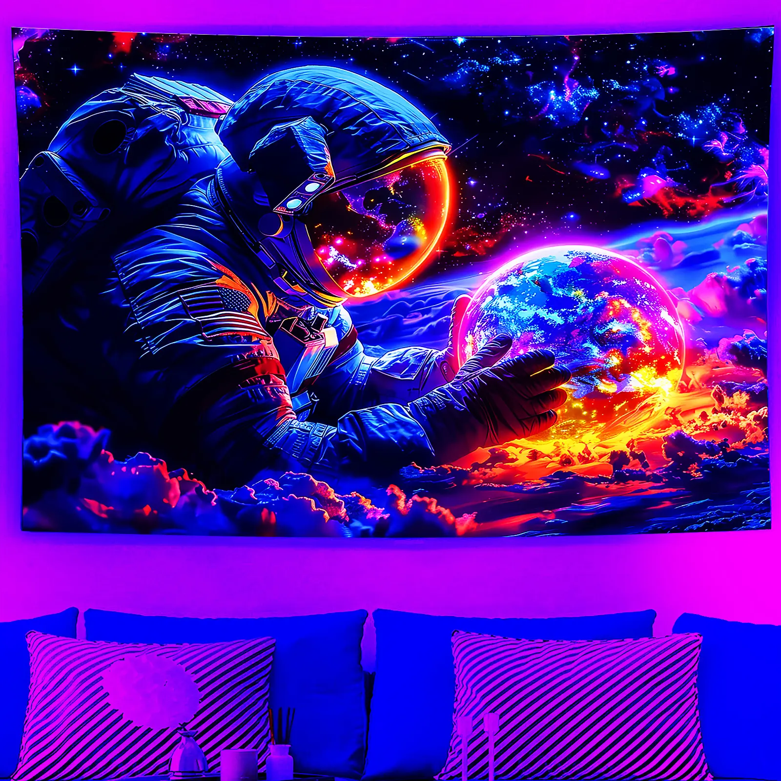 Black Light Astronaut Tapestry - Psychedelic Star Tapestry - UV reactive Fantasy wall tapestry - Psychedelic neon Galaxy Space tapestry - Room wall hanging